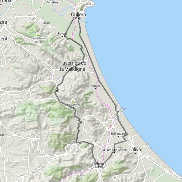 Map miniature of "Cullera Castle Loop" cycling inspiration in Comunitat Valenciana, Spain. Generated by Tarmacs.app cycling route planner