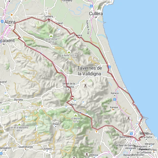 Miniatura mapy "Trasa gravelowa Daimús - Gandia - el Mondúver - Simat de la Valldigna - La Torre - Llaurí - Platja de Gandia" - trasy rowerowej w Comunitat Valenciana, Spain. Wygenerowane przez planer tras rowerowych Tarmacs.app