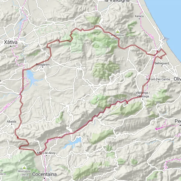 Miniaturní mapa "Gravelová výprava do okolí Daimús" inspirace pro cyklisty v oblasti Comunitat Valenciana, Spain. Vytvořeno pomocí plánovače tras Tarmacs.app