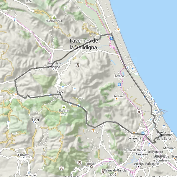 Miniaturní mapa "Příjemná silniční trasa s malebnými výhledy" inspirace pro cyklisty v oblasti Comunitat Valenciana, Spain. Vytvořeno pomocí plánovače tras Tarmacs.app