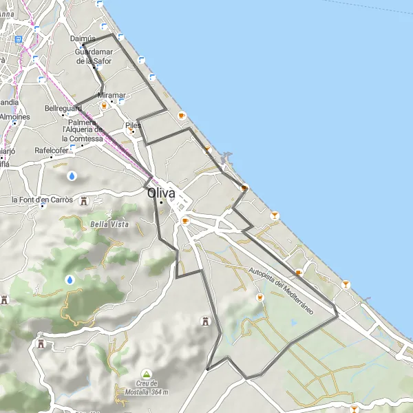 Map miniature of "Daimús - Piles - Urbanització Platja d'Oliva Loop" cycling inspiration in Comunitat Valenciana, Spain. Generated by Tarmacs.app cycling route planner