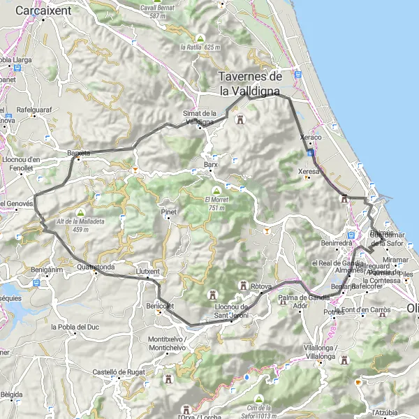 Miniatura mapy "Trasa rowerowa Daimús - Gandia - Almiserà - Llutxent - les Bateries Altes - Tarima del rio - Benifairó de la Valldigna - Daimús (droga)" - trasy rowerowej w Comunitat Valenciana, Spain. Wygenerowane przez planer tras rowerowych Tarmacs.app