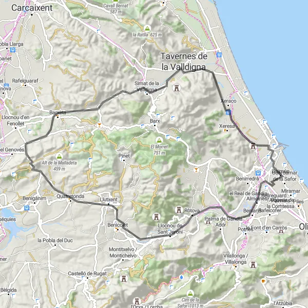 Miniaturekort af cykelinspirationen "Rute med landevejscykling nær Daimús (Comunitat Valenciana, Spanien)" i Comunitat Valenciana, Spain. Genereret af Tarmacs.app cykelruteplanlægger