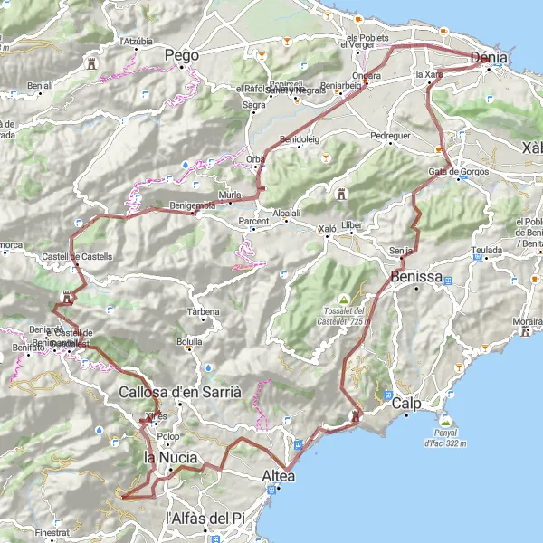 Miniatura della mappa di ispirazione al ciclismo "Gravel tour tra la natura intorno a Denia" nella regione di Comunitat Valenciana, Spain. Generata da Tarmacs.app, pianificatore di rotte ciclistiche