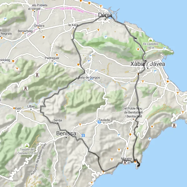 Miniaturní mapa "Cyklistická trasa kolem Denie: Moraira a Senija" inspirace pro cyklisty v oblasti Comunitat Valenciana, Spain. Vytvořeno pomocí plánovače tras Tarmacs.app