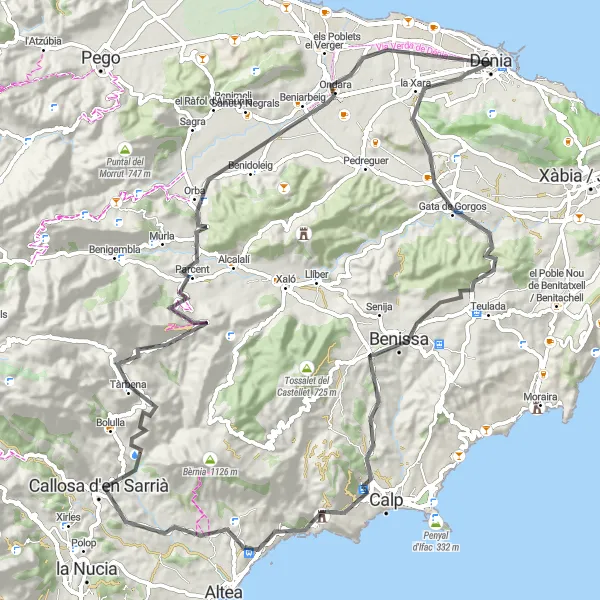 Map miniature of "Denia to Benissa Loop" cycling inspiration in Comunitat Valenciana, Spain. Generated by Tarmacs.app cycling route planner