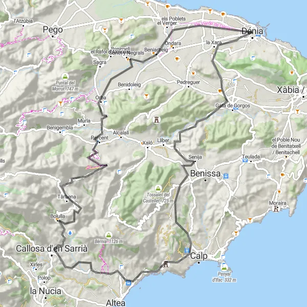 Map miniature of "Denia Loop - Scenic Road Cycling Route" cycling inspiration in Comunitat Valenciana, Spain. Generated by Tarmacs.app cycling route planner