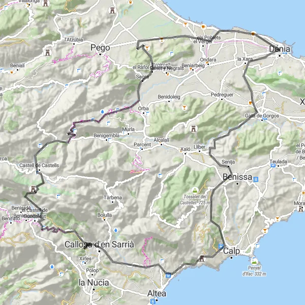 Miniatua del mapa de inspiración ciclista "Ruta de Denia a Guadalest" en Comunitat Valenciana, Spain. Generado por Tarmacs.app planificador de rutas ciclistas