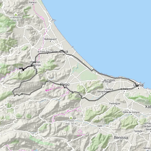 Map miniature of "Denia to Oliva Loop" cycling inspiration in Comunitat Valenciana, Spain. Generated by Tarmacs.app cycling route planner