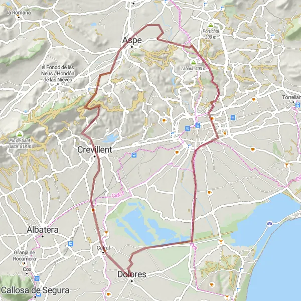 Karten-Miniaturansicht der Radinspiration "Erkunde die Umgebung von Crevillent" in Comunitat Valenciana, Spain. Erstellt vom Tarmacs.app-Routenplaner für Radtouren