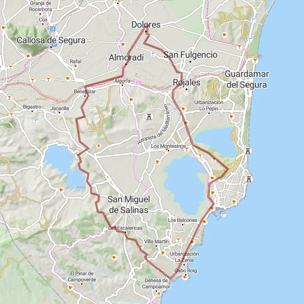 Miniatuurkaart van de fietsinspiratie "Dolores - Mirador de la Noria - Benijófar - Torrevieja - Cabo Roig - Benejúzar - Almoradí - Dolores (77 km, 560 m stijging)" in Comunitat Valenciana, Spain. Gemaakt door de Tarmacs.app fietsrouteplanner