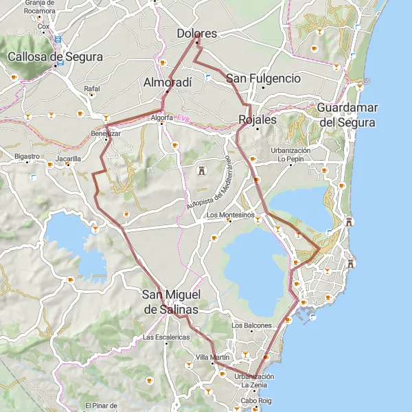 Miniaturní mapa "Cyklistická trasa Dolores - Rojales - Mirador de la Noria - Torrevieja - Benejúzar - Almoradí" inspirace pro cyklisty v oblasti Comunitat Valenciana, Spain. Vytvořeno pomocí plánovače tras Tarmacs.app