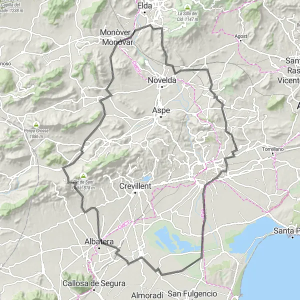 Miniatuurkaart van de fietsinspiratie "Dolores - Catral - Hondón de los Frailes - Monòver / Monóvar - Montagut - Portichol - la Portalada - Dolores (113 km, 1015 m stijging)" in Comunitat Valenciana, Spain. Gemaakt door de Tarmacs.app fietsrouteplanner