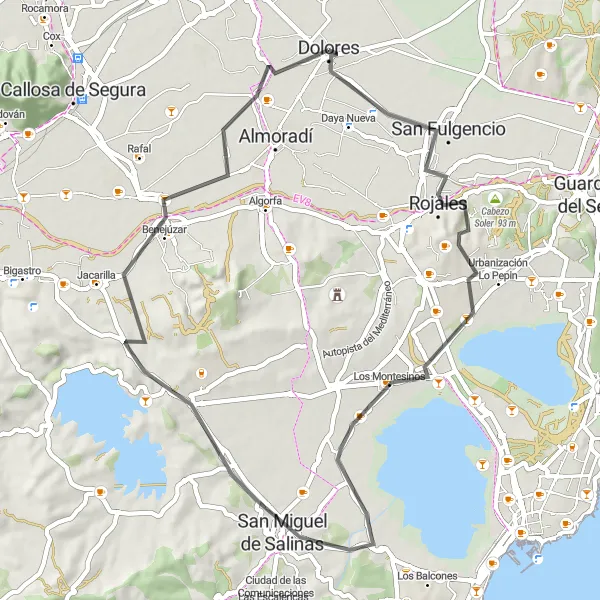 Miniatura della mappa di ispirazione al ciclismo "Giro in bicicletta stradale da Dolores a Rojales" nella regione di Comunitat Valenciana, Spain. Generata da Tarmacs.app, pianificatore di rotte ciclistiche