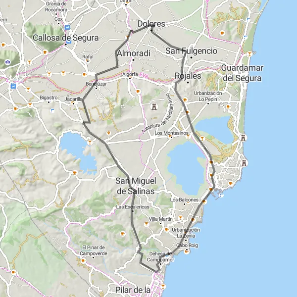 Miniaturní mapa "Cyklistická cesta Dolores - Mirador de la Noria - Benijófar - Torrevieja - Benejúzar" inspirace pro cyklisty v oblasti Comunitat Valenciana, Spain. Vytvořeno pomocí plánovače tras Tarmacs.app