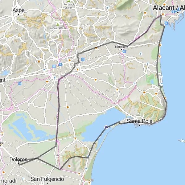 Miniatuurkaart van de fietsinspiratie "Dolores - Nou Altabix - Ciudad de Asís - mirador del puerto - Santa Pola - la Marina" in Comunitat Valenciana, Spain. Gemaakt door de Tarmacs.app fietsrouteplanner