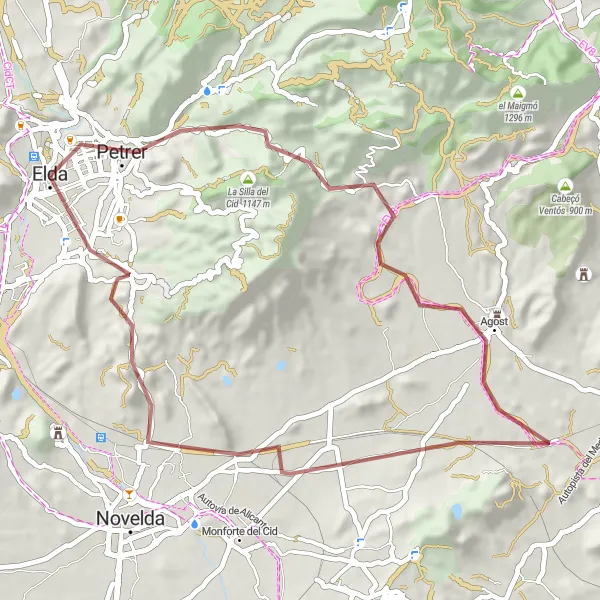 Miniature de la carte de l'inspiration cycliste "Parcours de gravier de Petrer à Elda" dans la Comunitat Valenciana, Spain. Générée par le planificateur d'itinéraire cycliste Tarmacs.app