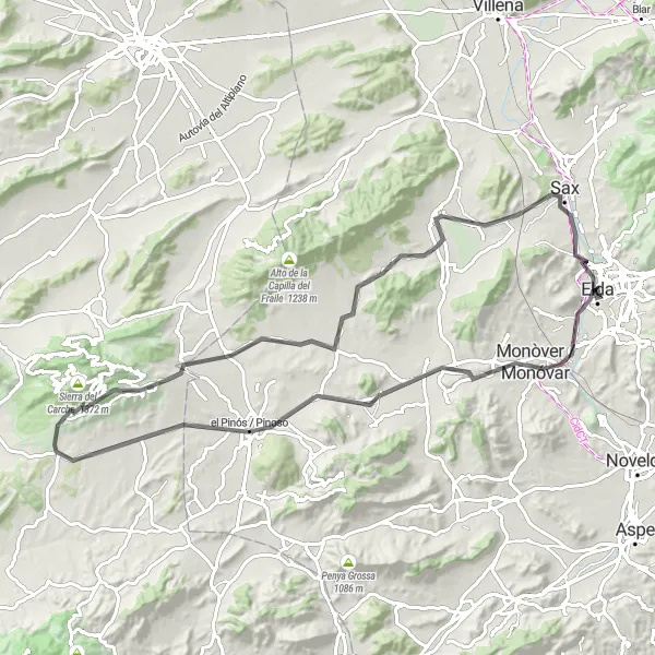 Miniaturní mapa "Road Elda - Salinas round-trip" inspirace pro cyklisty v oblasti Comunitat Valenciana, Spain. Vytvořeno pomocí plánovače tras Tarmacs.app