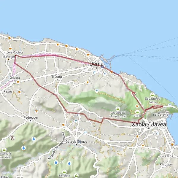Miniatura mapy "Runda Rowerowa els Poblets - Torre del Consell - Dénia - Els Castelleis - Xàbia / Jávea - Punta de Benimaquia - el Verger - els Poblets" - trasy rowerowej w Comunitat Valenciana, Spain. Wygenerowane przez planer tras rowerowych Tarmacs.app