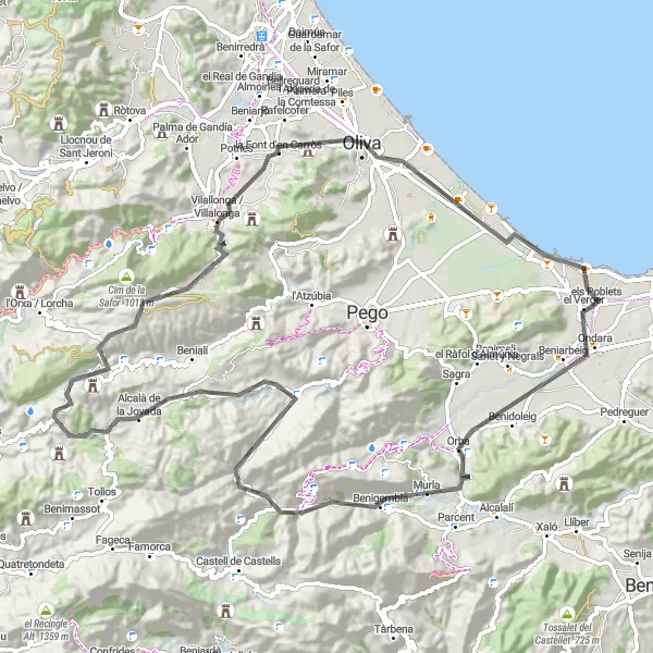 Karten-Miniaturansicht der Radinspiration "Rund um els Poblets durch die Berge" in Comunitat Valenciana, Spain. Erstellt vom Tarmacs.app-Routenplaner für Radtouren