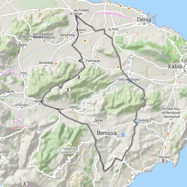 Miniatua del mapa de inspiración ciclista "Ruta dels Poblets a El Verger" en Comunitat Valenciana, Spain. Generado por Tarmacs.app planificador de rutas ciclistas