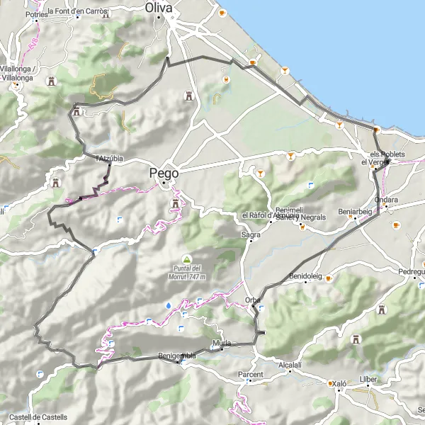 Miniature de la carte de l'inspiration cycliste "Les Vallées Cachées de el Poblets" dans la Comunitat Valenciana, Spain. Générée par le planificateur d'itinéraire cycliste Tarmacs.app