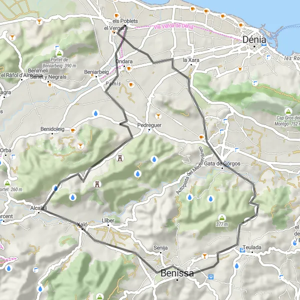 Miniatua del mapa de inspiración ciclista "Els Poblets - el Verger - Punta de Benimaquia - Benissa - Alcalalí - Ocaive - Ondara Circuit" en Comunitat Valenciana, Spain. Generado por Tarmacs.app planificador de rutas ciclistas