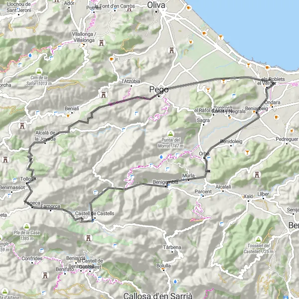 Miniatuurkaart van de fietsinspiratie "Uitdagend rondje Els Poblets via Beniarbeig" in Comunitat Valenciana, Spain. Gemaakt door de Tarmacs.app fietsrouteplanner