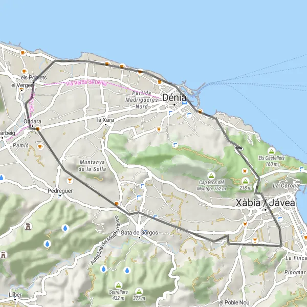 Miniature de la carte de l'inspiration cycliste "Escapade Côtière" dans la Comunitat Valenciana, Spain. Générée par le planificateur d'itinéraire cycliste Tarmacs.app