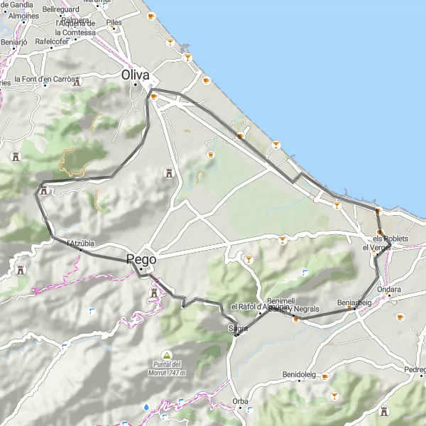 Miniatua del mapa de inspiración ciclista "Rutas en bicicleta alrededor de els Poblets" en Comunitat Valenciana, Spain. Generado por Tarmacs.app planificador de rutas ciclistas