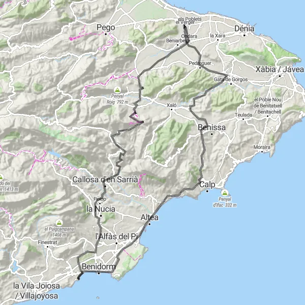 Miniatura mapy "Runda Rowerowa els Poblets - Pedreguer - Muntanya dels Surdas - Benissa - Castellet de Calp - Benidorm - Tossal de la Cala - Polop - Tàrbena - Coll de Rates - el Portet - Orba - el Verger - els Poblets" - trasy rowerowej w Comunitat Valenciana, Spain. Wygenerowane przez planer tras rowerowych Tarmacs.app