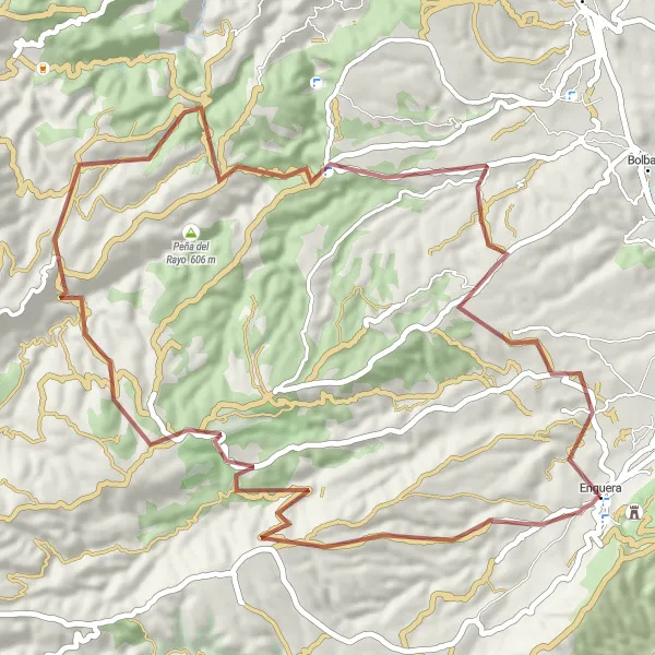 Miniature de la carte de l'inspiration cycliste "Aventure gravel autour d'Enguera" dans la Comunitat Valenciana, Spain. Générée par le planificateur d'itinéraire cycliste Tarmacs.app