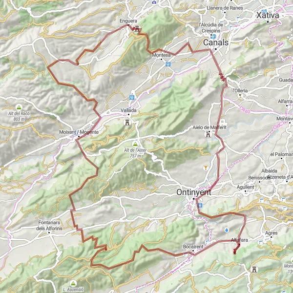 Miniatua del mapa de inspiración ciclista "Ruta de gravel por las montañas cerca de Enguera" en Comunitat Valenciana, Spain. Generado por Tarmacs.app planificador de rutas ciclistas