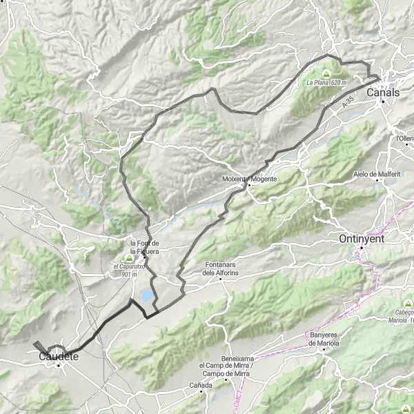 Miniaturní mapa "Road Route to l'Alcúdia de Crespins and Caudete" inspirace pro cyklisty v oblasti Comunitat Valenciana, Spain. Vytvořeno pomocí plánovače tras Tarmacs.app