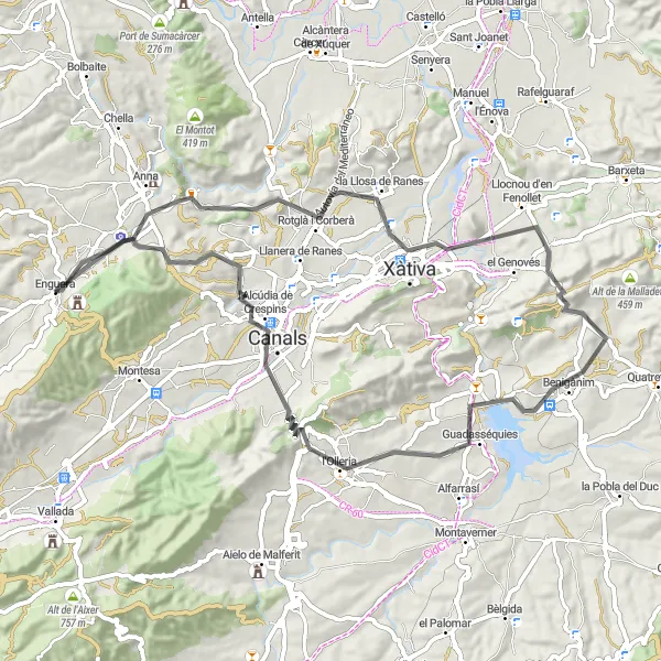 Karten-Miniaturansicht der Radinspiration "Rundtour nach Xàtiva und Castillo de Enguera" in Comunitat Valenciana, Spain. Erstellt vom Tarmacs.app-Routenplaner für Radtouren