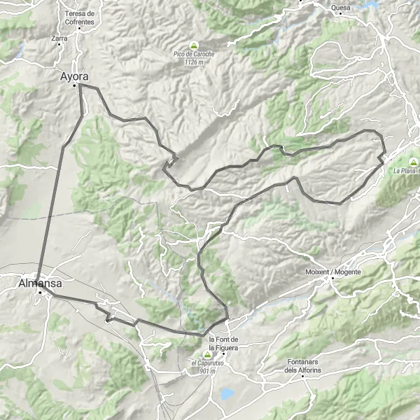 Map miniature of "Enguera to Ayora Road Challenge" cycling inspiration in Comunitat Valenciana, Spain. Generated by Tarmacs.app cycling route planner