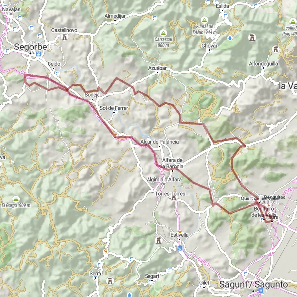 Miniatura della mappa di ispirazione al ciclismo "Escursione in bicicletta verso Algar de Palància e Soneja" nella regione di Comunitat Valenciana, Spain. Generata da Tarmacs.app, pianificatore di rotte ciclistiche