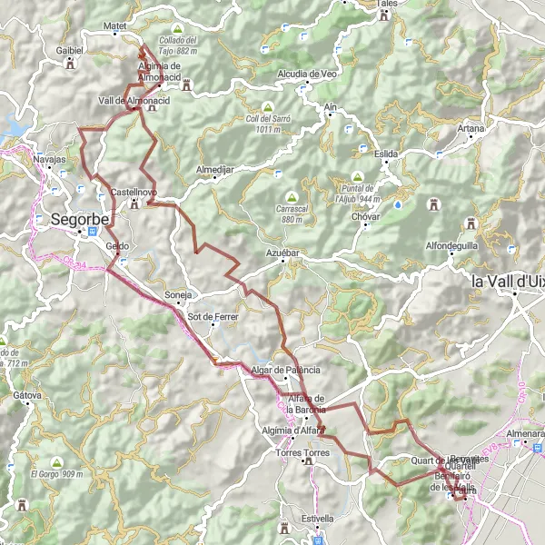 Map miniature of "Exploring Baronia on Gravel" cycling inspiration in Comunitat Valenciana, Spain. Generated by Tarmacs.app cycling route planner