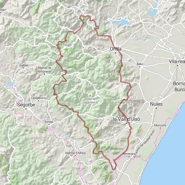Map miniature of "Sierra de Espadán Gravel Adventure" cycling inspiration in Comunitat Valenciana, Spain. Generated by Tarmacs.app cycling route planner