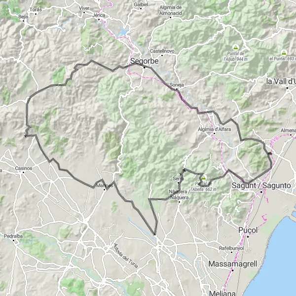 Map miniature of "Ultimate Road Cycling Adventure: Albalat dels Tarongers to Faura" cycling inspiration in Comunitat Valenciana, Spain. Generated by Tarmacs.app cycling route planner