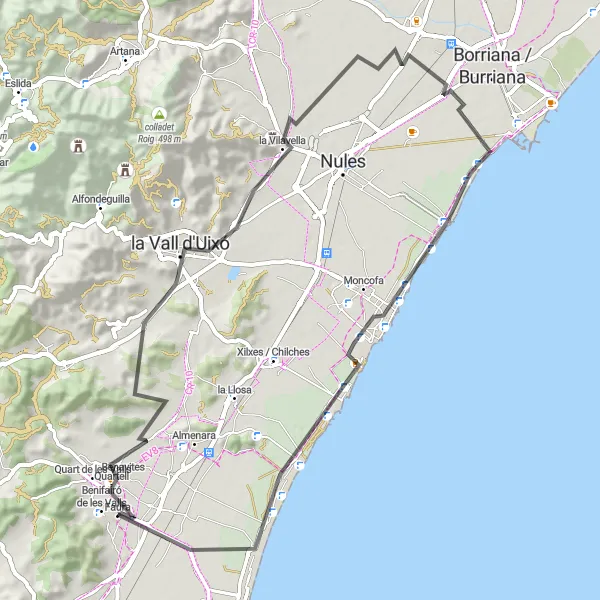 Miniatua del mapa de inspiración ciclista "Ruta de ciclismo de carretera alrededor de Faura" en Comunitat Valenciana, Spain. Generado por Tarmacs.app planificador de rutas ciclistas