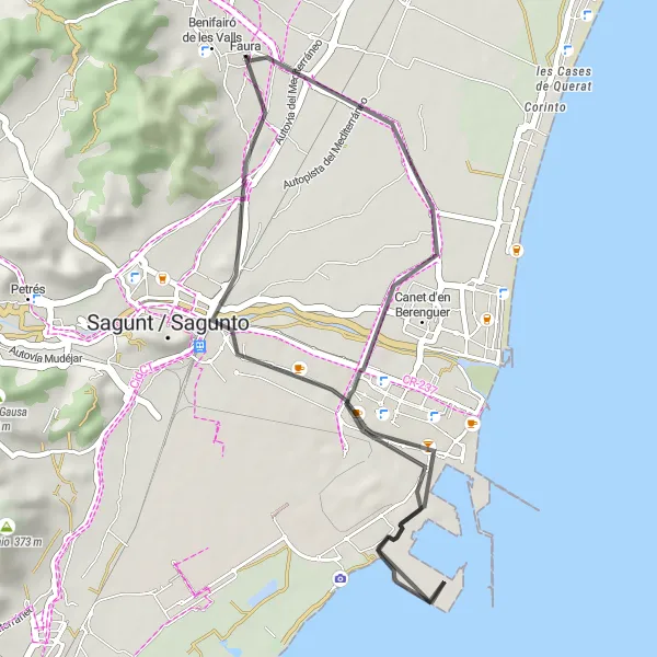 Miniatura della mappa di ispirazione al ciclismo "Percorso su strada tra Canet d'en Berenguer e Faura" nella regione di Comunitat Valenciana, Spain. Generata da Tarmacs.app, pianificatore di rotte ciclistiche