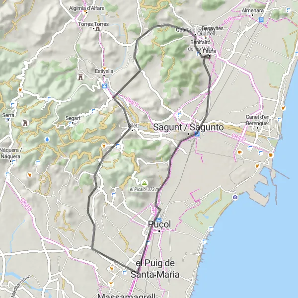 Map miniature of "Road Cycling Adventure to Puçol and Gilet" cycling inspiration in Comunitat Valenciana, Spain. Generated by Tarmacs.app cycling route planner