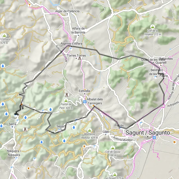 Miniatura della mappa di ispirazione al ciclismo "Giro in bici verso Albalat dels Tarongers e Benavites" nella regione di Comunitat Valenciana, Spain. Generata da Tarmacs.app, pianificatore di rotte ciclistiche