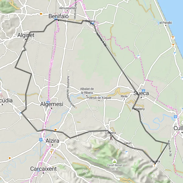 Miniatura della mappa di ispirazione al ciclismo "Giro in bici da Favara ad Alzira" nella regione di Comunitat Valenciana, Spain. Generata da Tarmacs.app, pianificatore di rotte ciclistiche