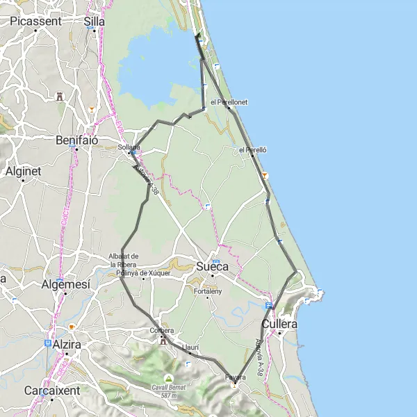 Miniatura della mappa di ispirazione al ciclismo "Pedalata su Strada da Favara a Pic dels Francesos" nella regione di Comunitat Valenciana, Spain. Generata da Tarmacs.app, pianificatore di rotte ciclistiche