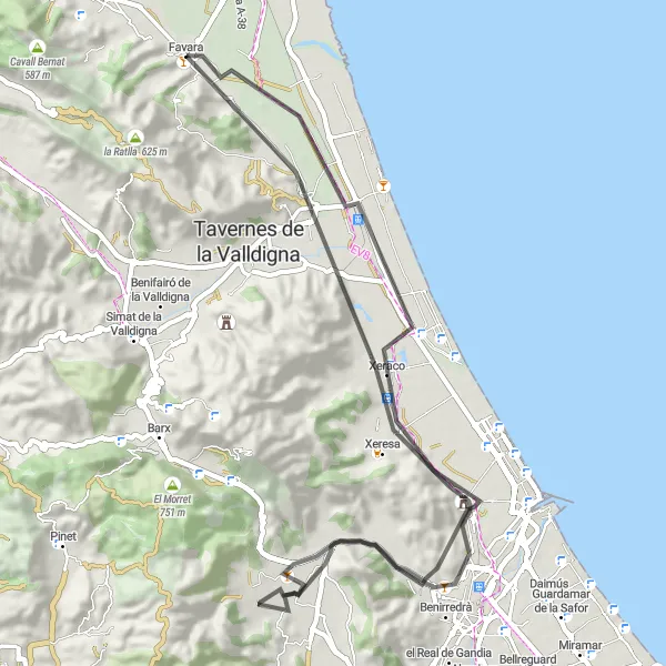 Miniatura mapy "Favara - Xeraco - Marxuquera Baixa - Alt de la Falconera - Penya Roja - Gandia - Favara" - trasy rowerowej w Comunitat Valenciana, Spain. Wygenerowane przez planer tras rowerowych Tarmacs.app