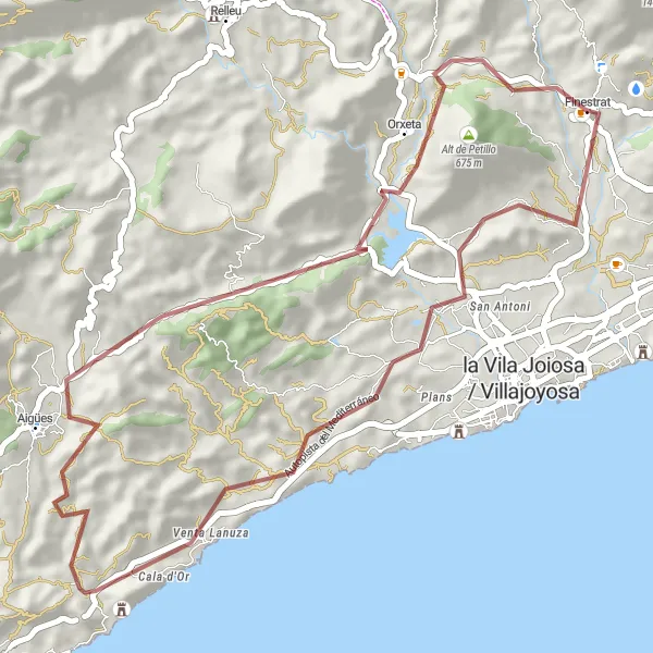 Miniatuurkaart van de fietsinspiratie "Gravel Cycling Route Finestrat – Trig Point – Torre d'Aigües – Aigües – Embalse de Amadorio – Finestrat (51 km)" in Comunitat Valenciana, Spain. Gemaakt door de Tarmacs.app fietsrouteplanner