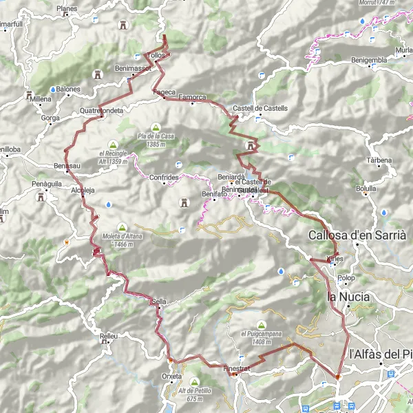 Karten-Miniaturansicht der Radinspiration "Gravel-Abenteuer um Sella" in Comunitat Valenciana, Spain. Erstellt vom Tarmacs.app-Routenplaner für Radtouren