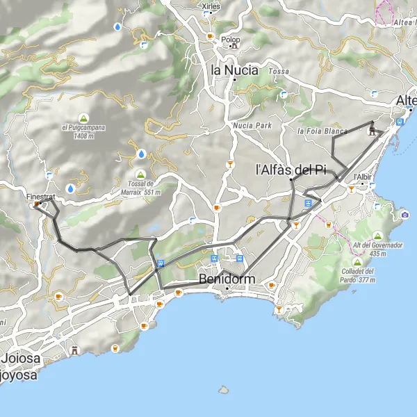 Map miniature of "Mountains and Beaches Circuit" cycling inspiration in Comunitat Valenciana, Spain. Generated by Tarmacs.app cycling route planner